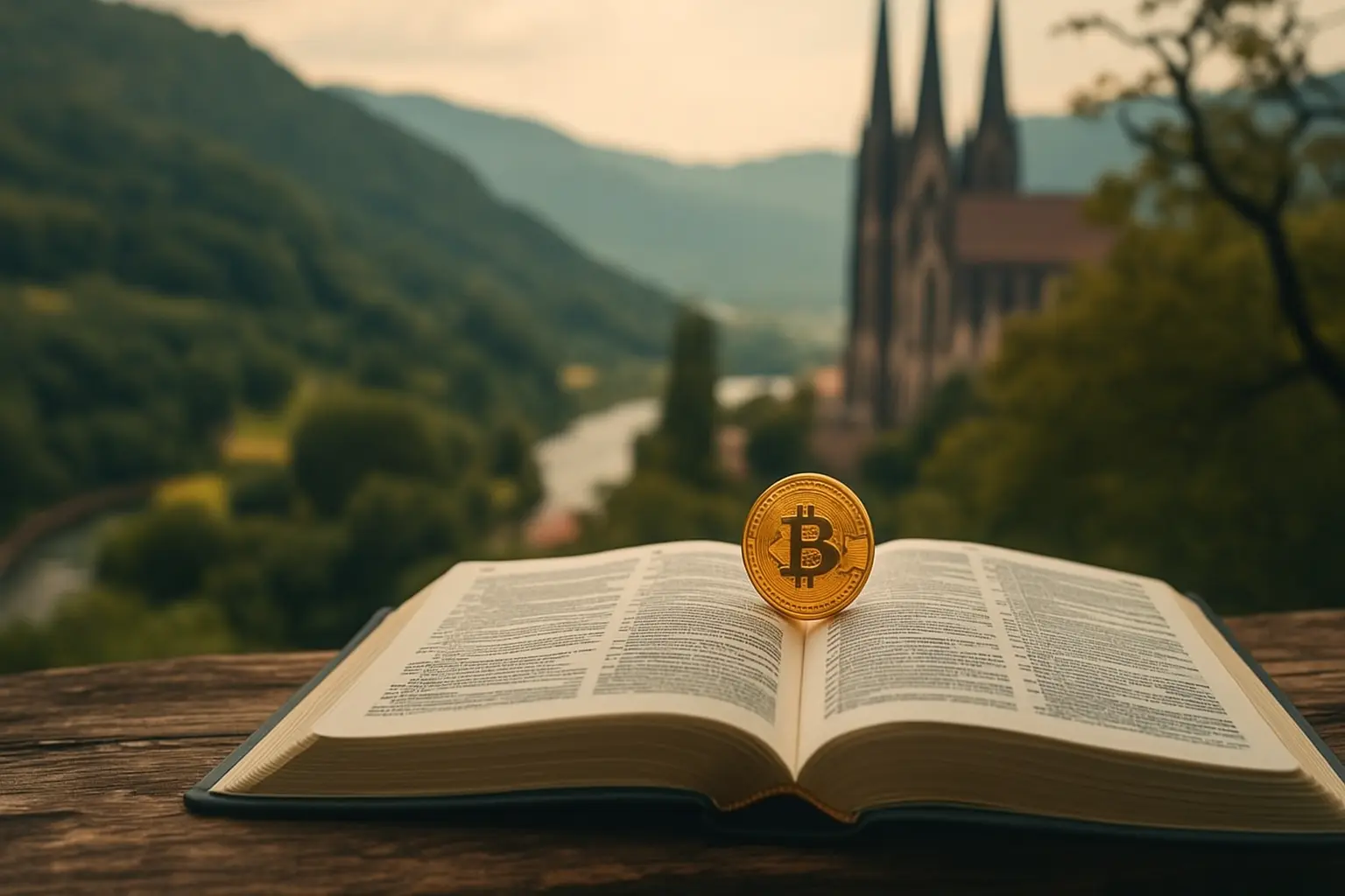 Jesus e o dinheiro representados por uma Bíblia aberta com uma moeda de Bitcoin